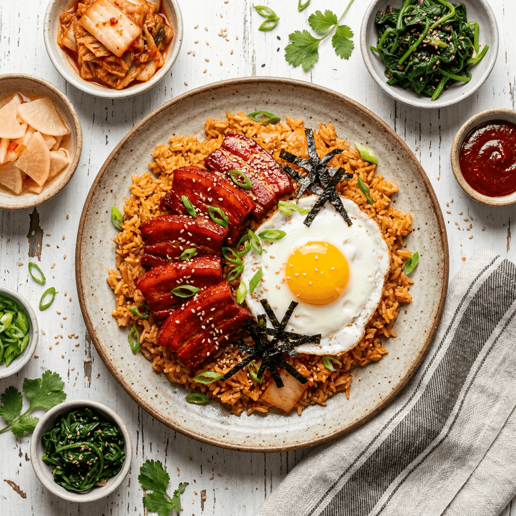 Spicy Gochujang Braised Pork Belly with Kimchi Fried Rice and a Fried Egg