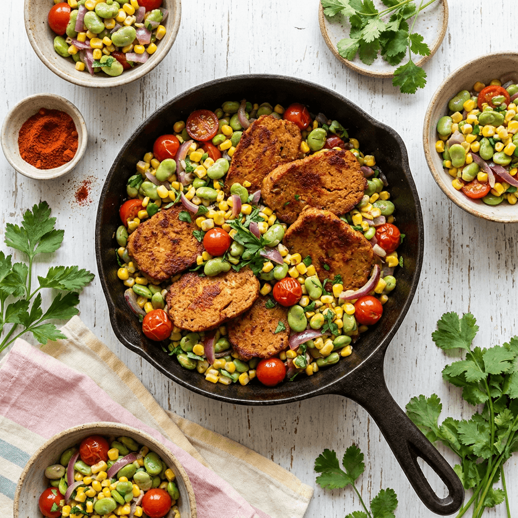 Smoked Paprika-Crusted Seitan and Fava Bean 'Succotash' Skillet
