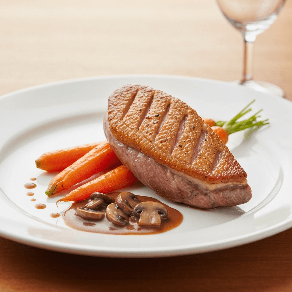 Pan-Seared Duck Breast with Braised Carrots and Savory Mushroom Reduction