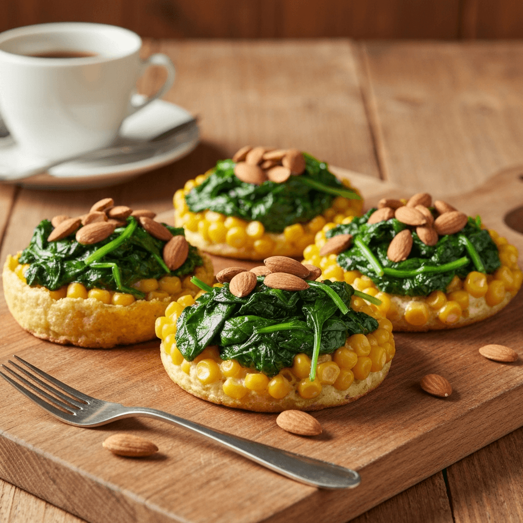 Asturian-Inspired Corn Tortos with Sautéed Spinach and Toasted Almonds