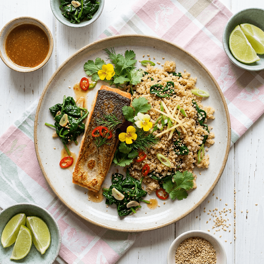 Pan-Seared Alaskan Salmon with Ginger-Glazed Quinoa and Wilted Spinach