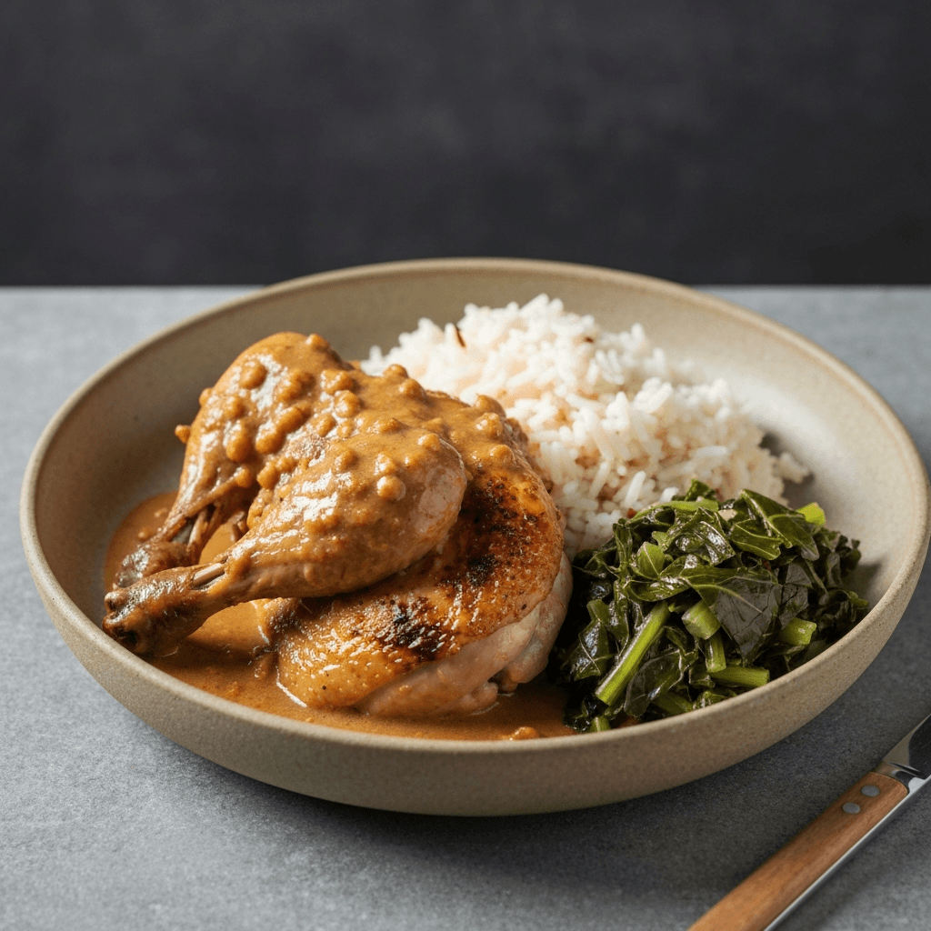 West African Peanut-Braised Chicken with Fragrant Jasmine Rice and Wilted Collard Greens