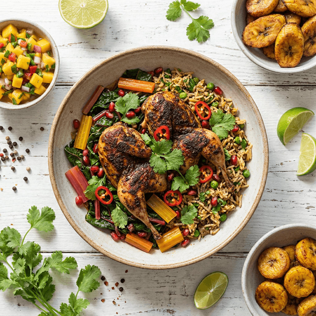 Caribbean-Spiced Quail Breast with Wilted Rainbow Chard and Savory Basmati Blend