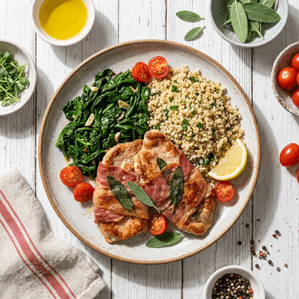 Saltimbocca alla Romana with Sautéed Spinach and Quinoa
