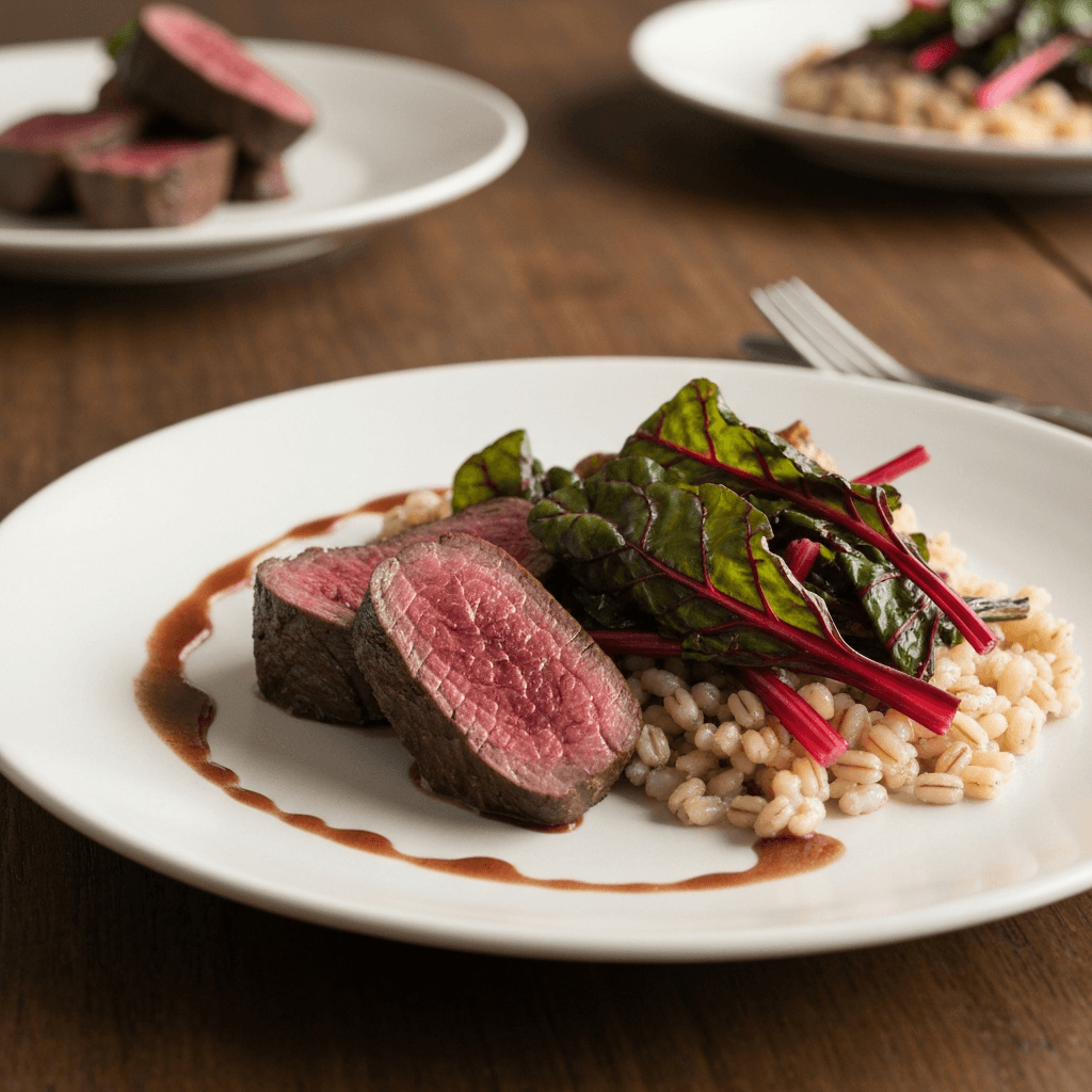 Venison and Rainbow Chard Ginisang with Steamed Barley