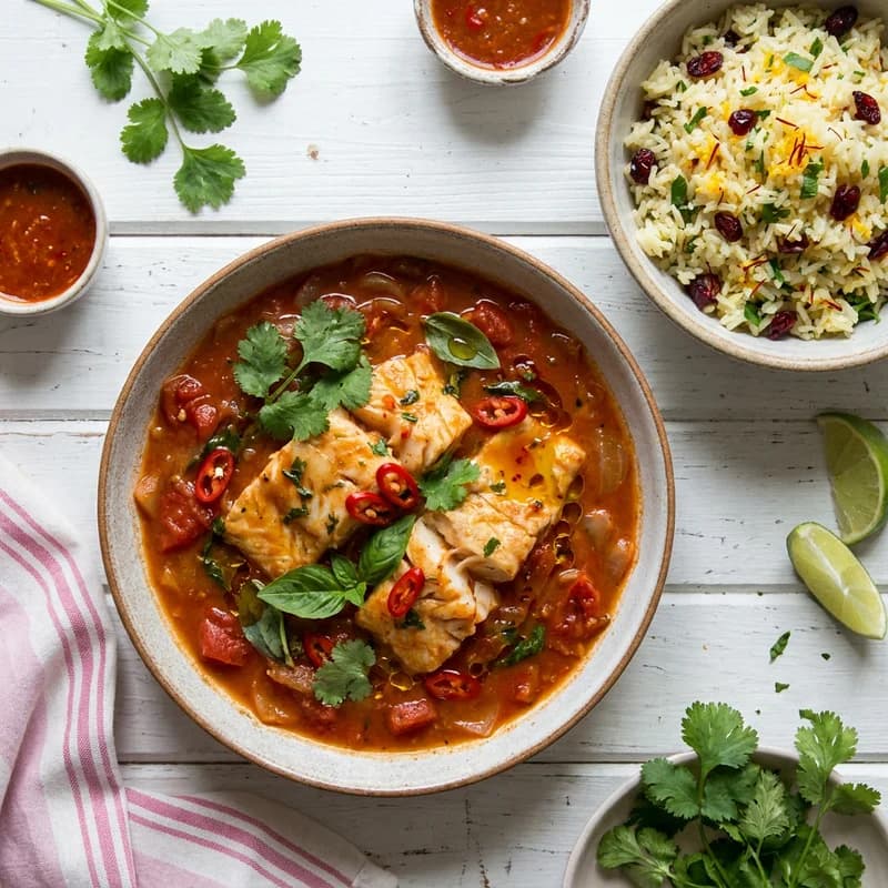 Slow-Braised Cod in Spicy Tomato-Ginger Broth with Herb-Infused Rice