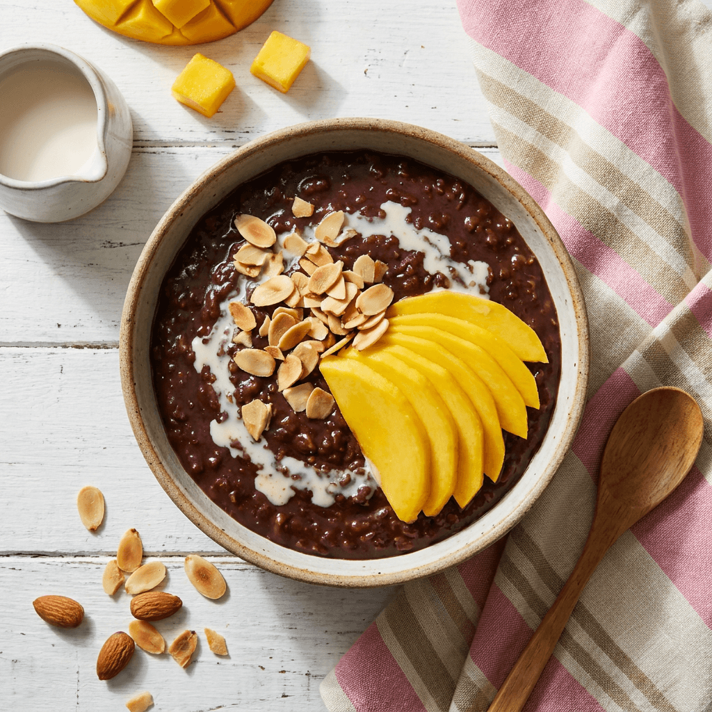 Champorado with Toasted Almonds and Fresh Mango