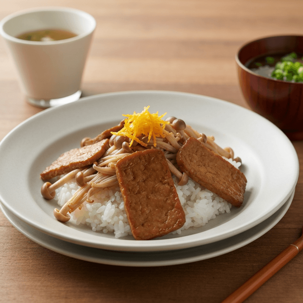 Seitan and Enoki Donburi with Ume-Shiso Zest