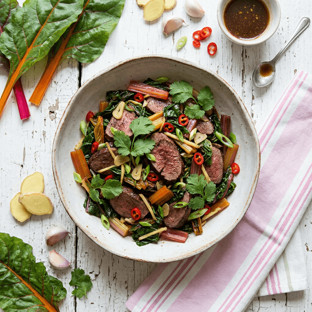 Venison and Ginger-Garlic Sauté with Wilted Rainbow Chard
