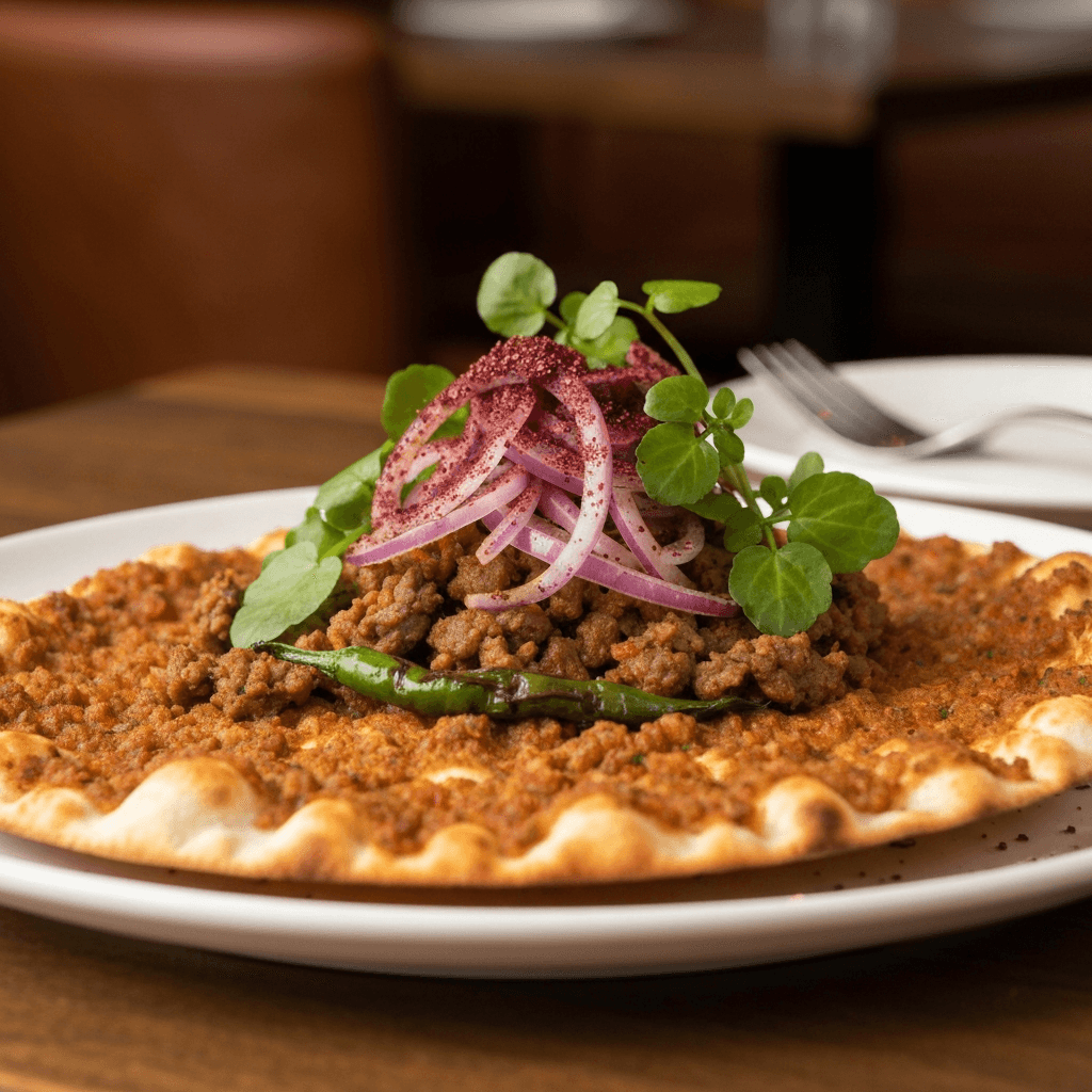 Lahmacun with Spiced Lamb, Sumac-Dusted Onions, and Fresh Watercress