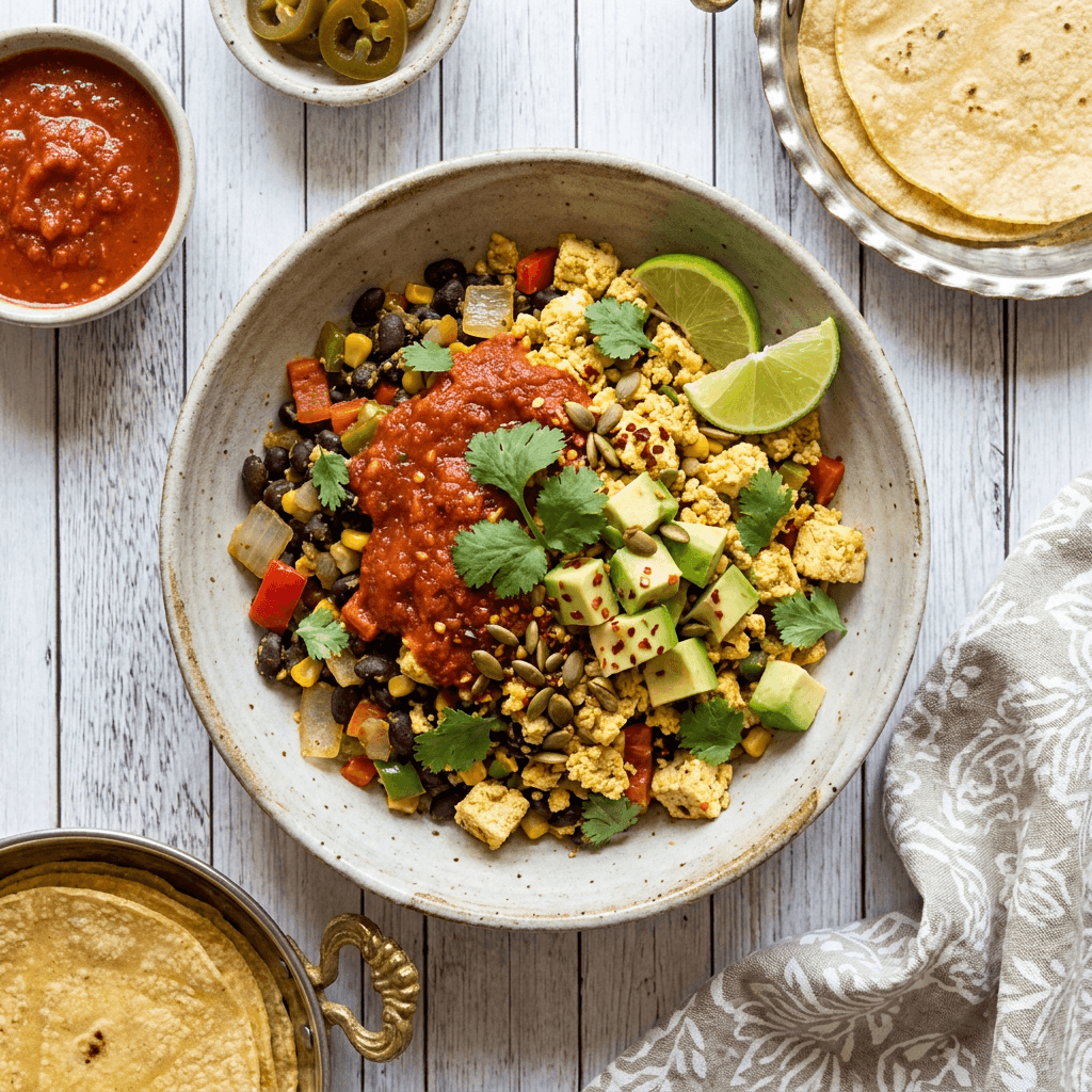 Tofu Scramble with Black Beans and Salsa Roja