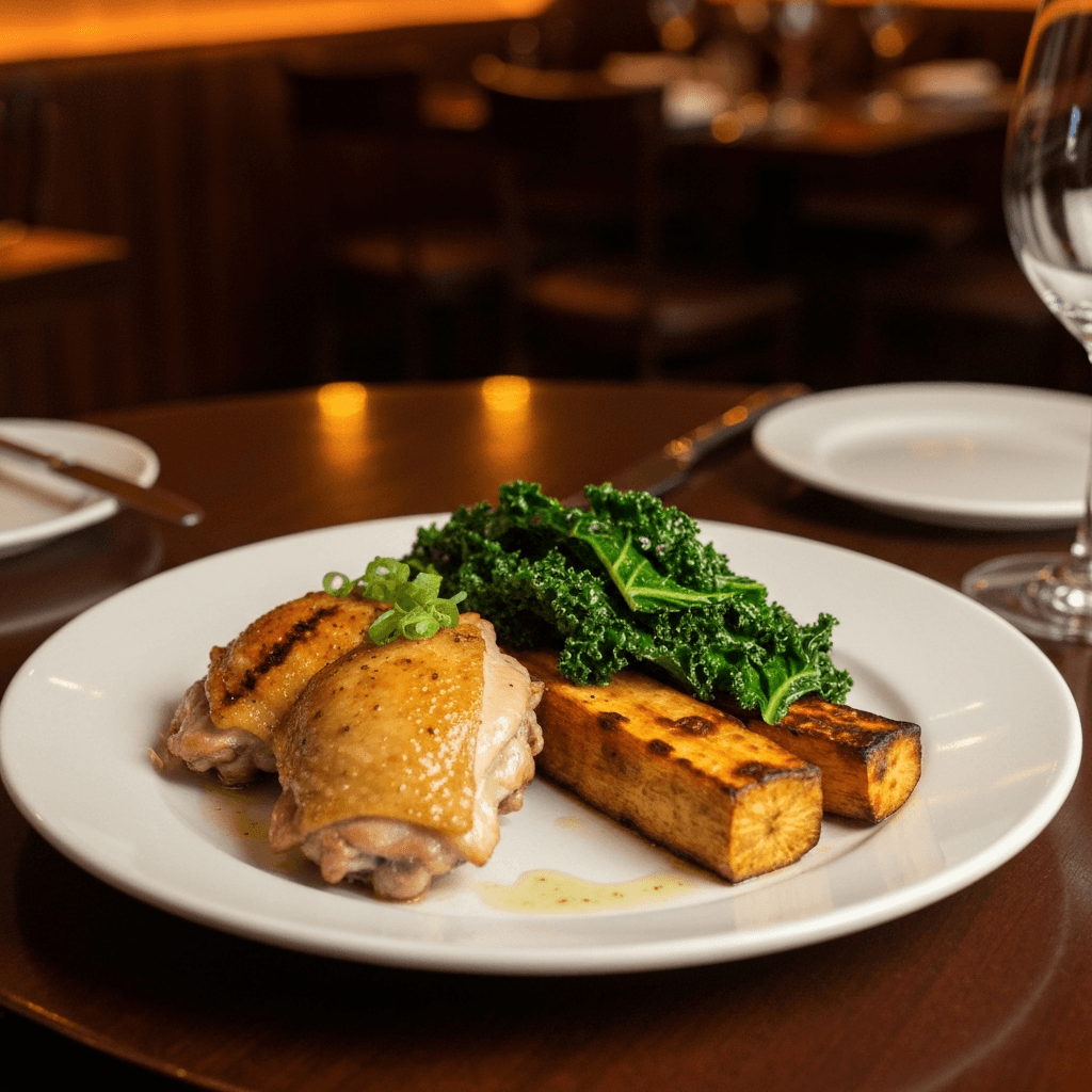Ga Nuong Sa (Lemongrass-Grilled Chicken Thighs) with Roasted Yam and Wilted Tuscan Kale