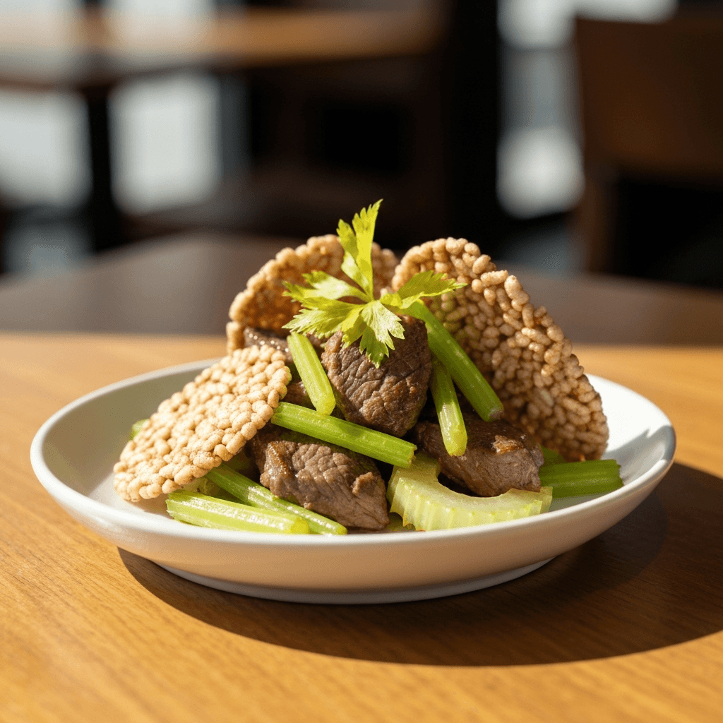 Bicolano-Style Venison and Celery Stir-Fry with Toasted Brown Rice Crisps