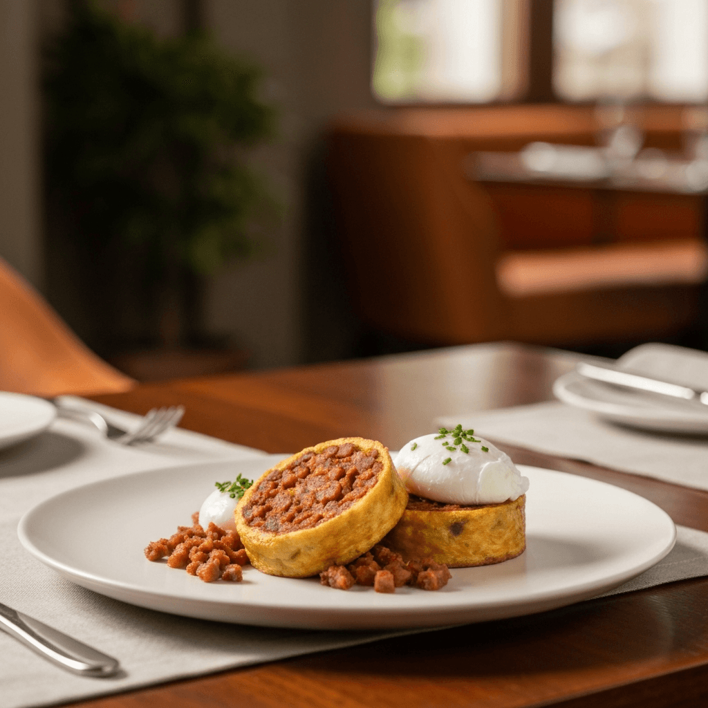 Tortos con Picadillo and Poached Egg
