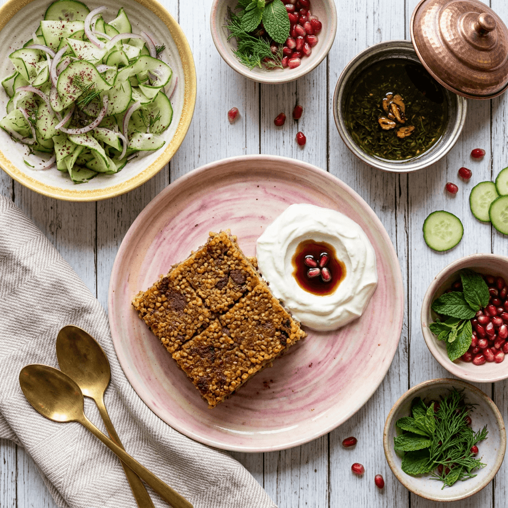 Kibbeh bi Sanieh with Labneh and Fresh Cucumber