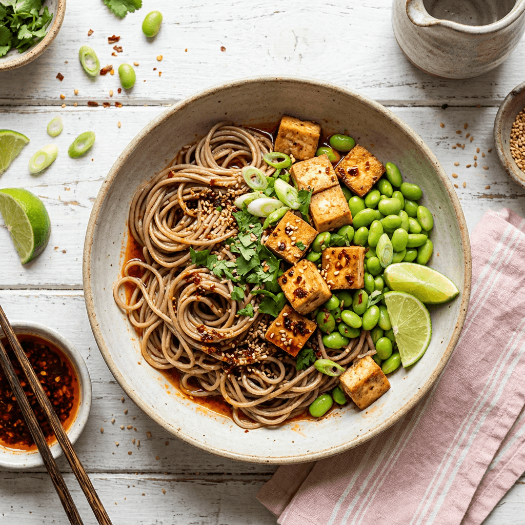 Spicy Soba Noodles with Pan-Seared Tofu and Edamame