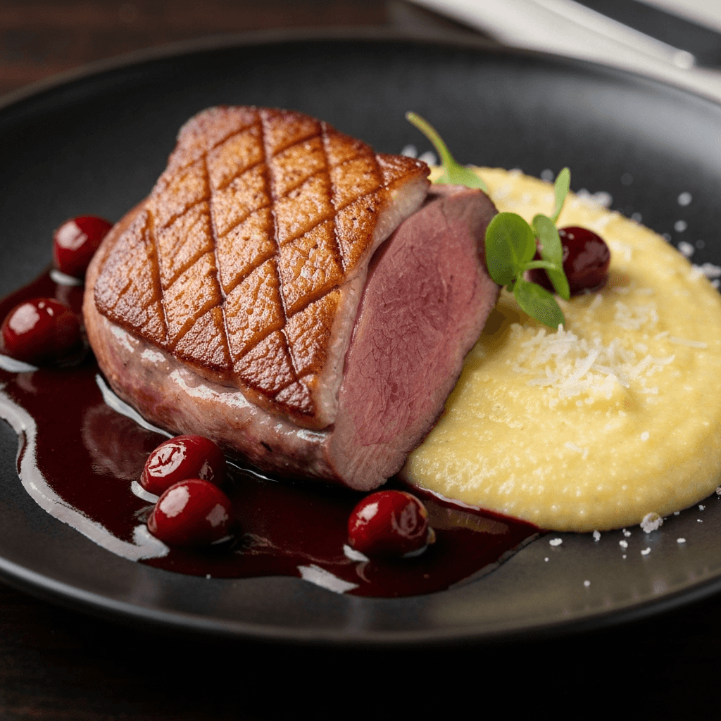 Pan-Seared Duck Breast with Cherry-Balsamic Glaze and Creamy Polenta