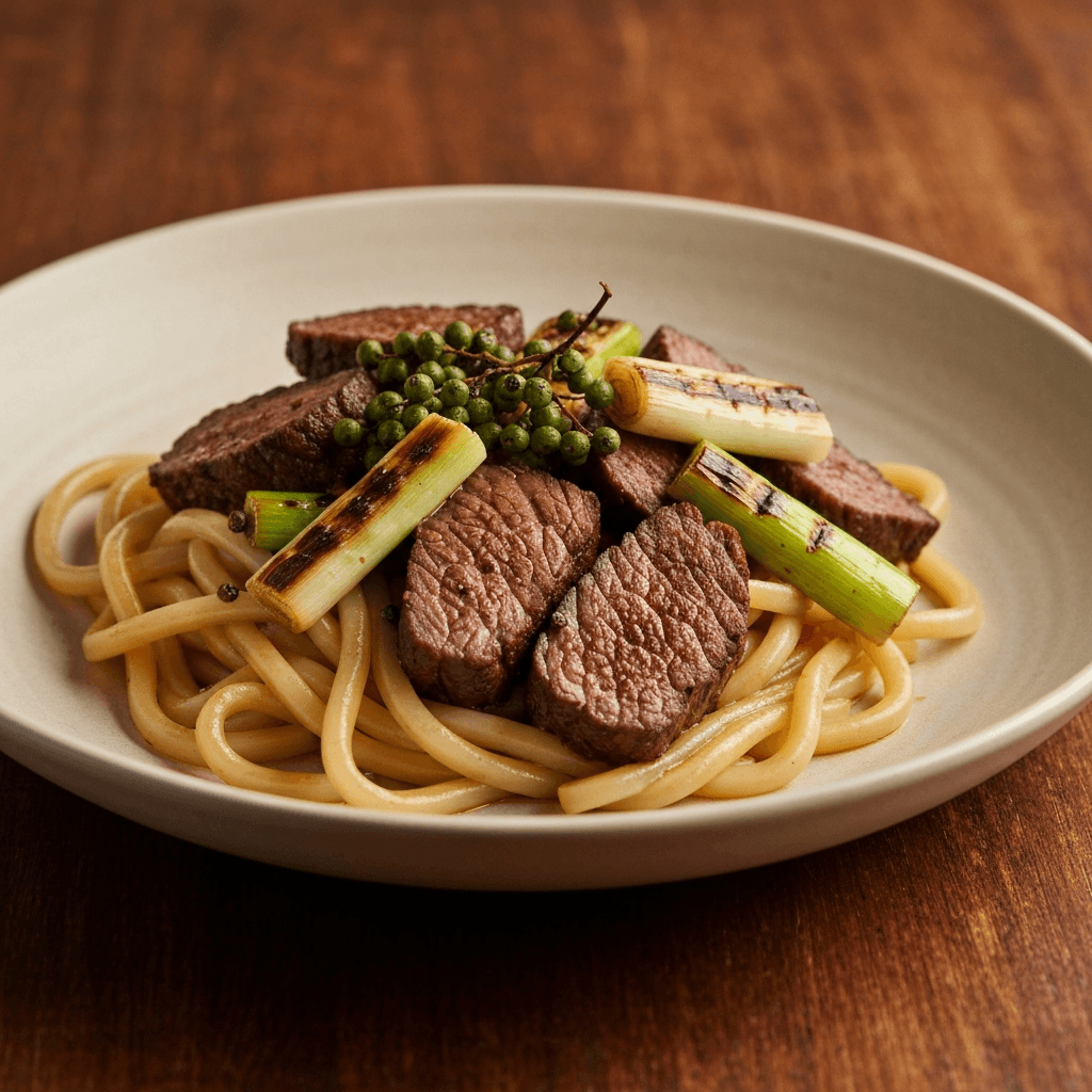 Bison and Udon Noodle Stir-Fry with Charred Leeks and Sichuan Peppercorn