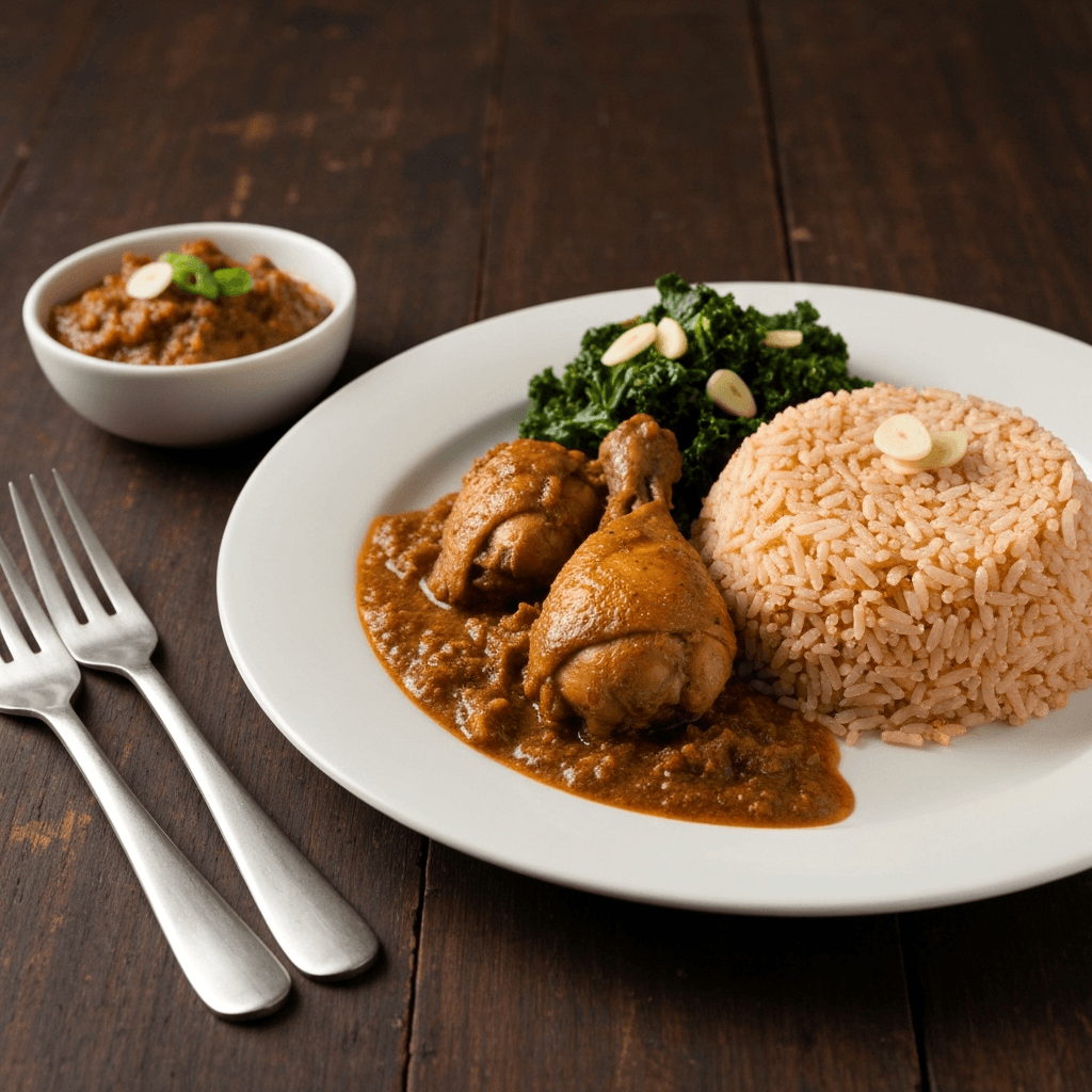 Ethiopian-Inspired Doro Wat Style Chicken with Spiced Jasmine Rice and Garlicky Kale