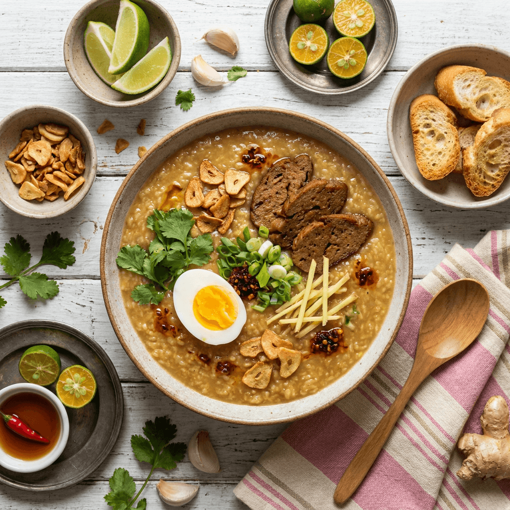 Garlic-Ginger Seitan Goto (Filipino Rice Porridge)