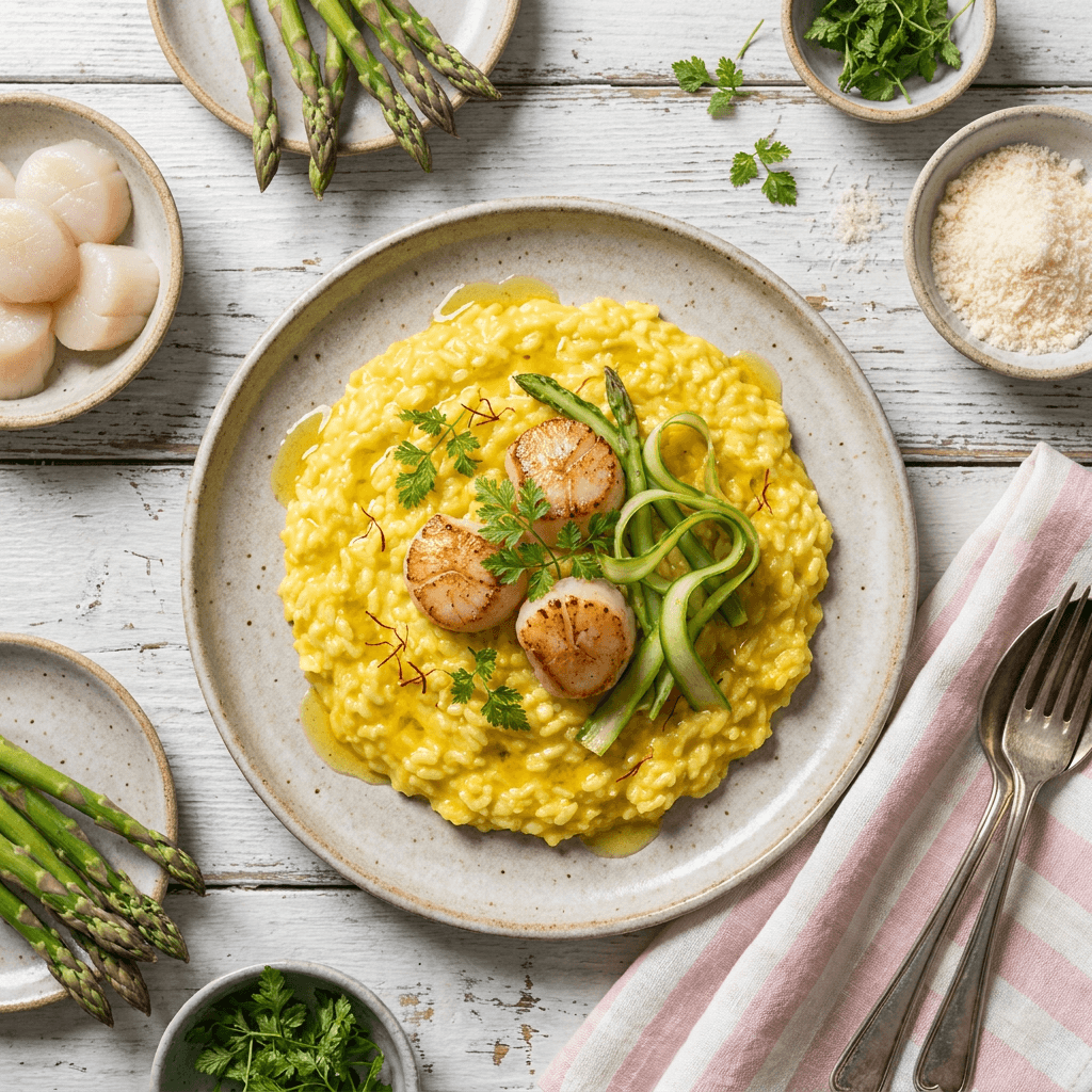 Saffron Risotto with Pan-Seared Scallops and Asparagus Ribbons