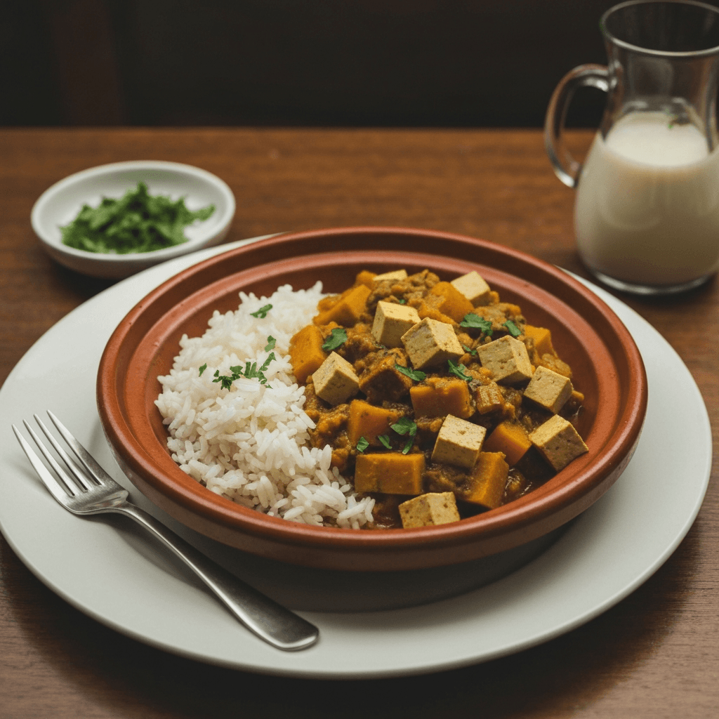 Ras el Hanout Spiced Tofu and Kabocha Squash Tagine with Basmati Rice