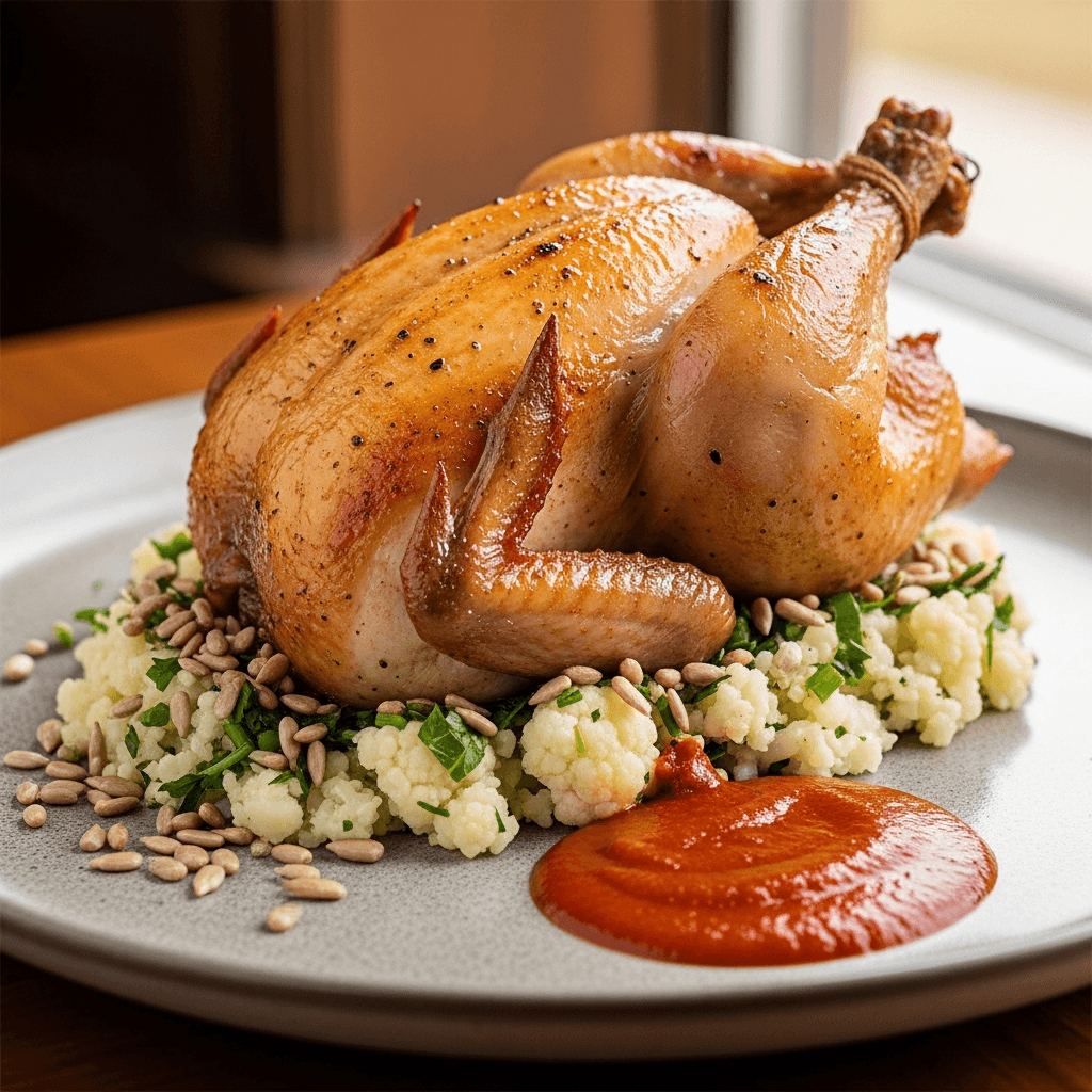 Spanish-Style Cornish Hen with Riced Cauliflower and Toasted Sunflower Seeds