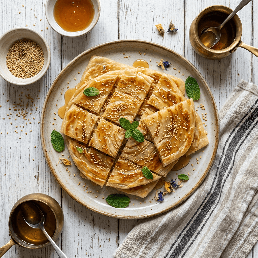 Msemmen with Honey and Toasted Sesame