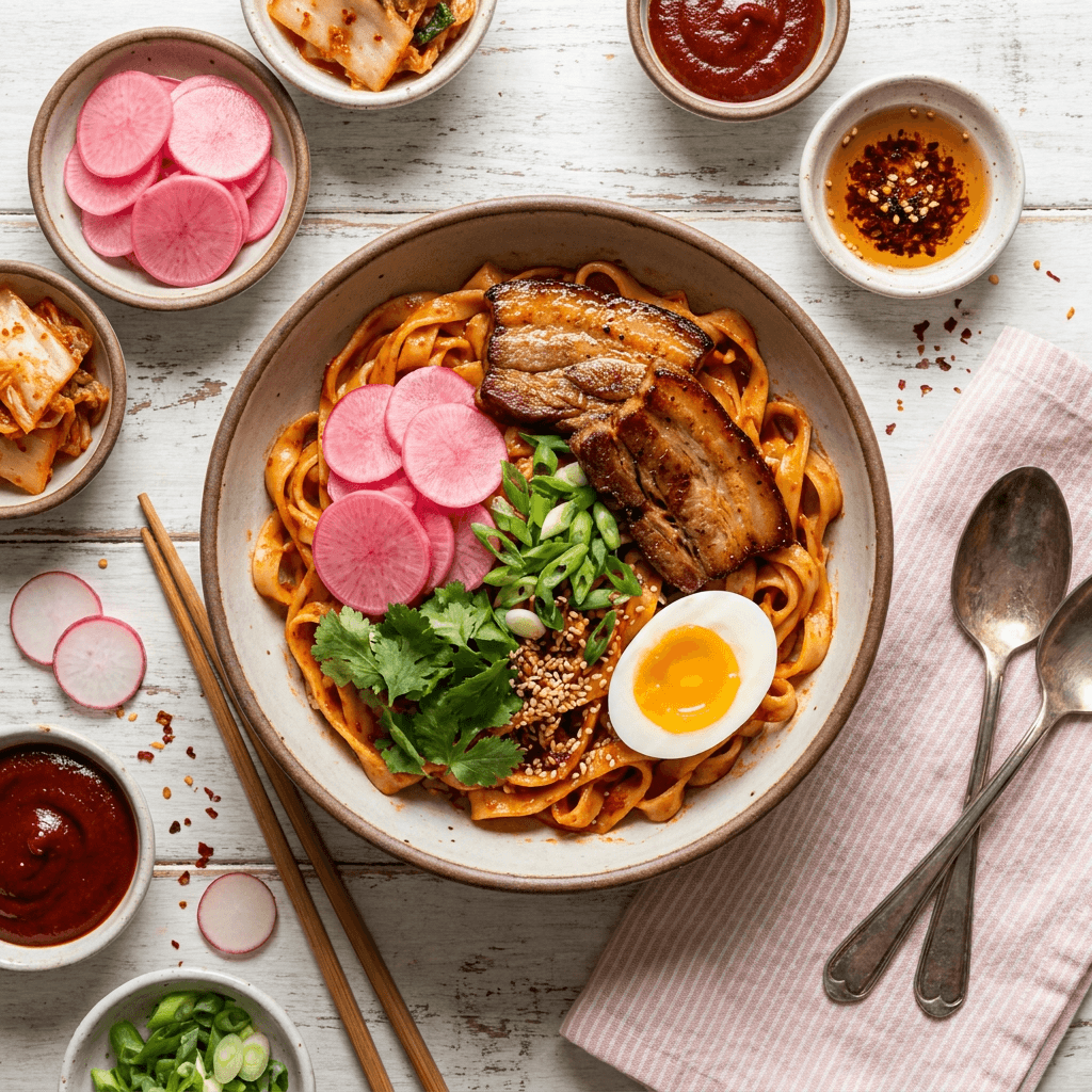 Spicy Gochujang Pork Belly Noodles with Quick-Pickled Radishes