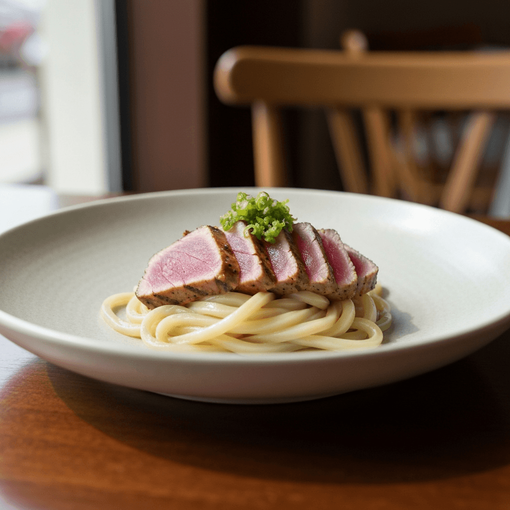 Seared Ahi Tuna Tataki with Udon Noodles and Scallion-Wasabi Gremolata