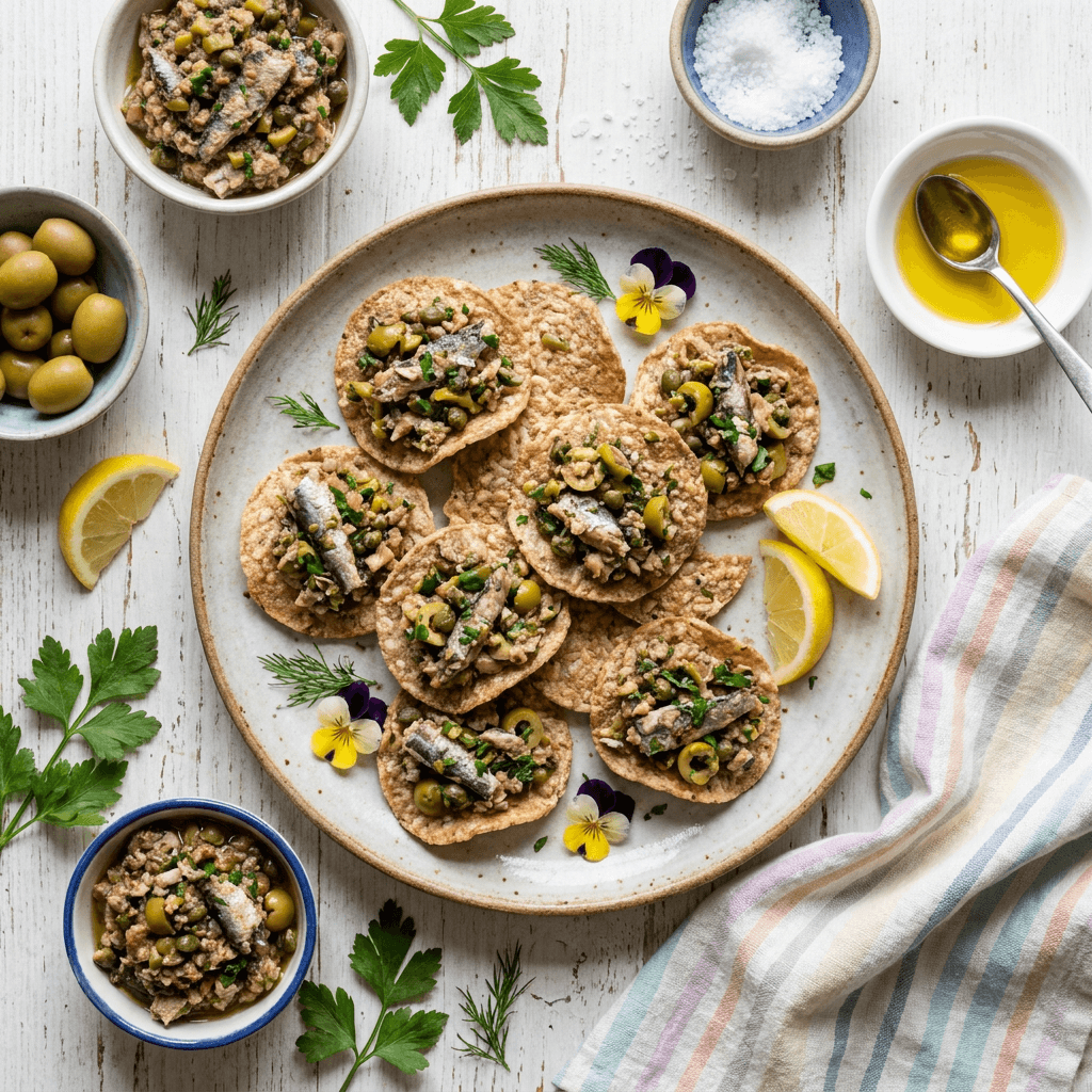 Mediterranean Sardine and Manzanilla Olive Tapenade on Brown Rice Crisps