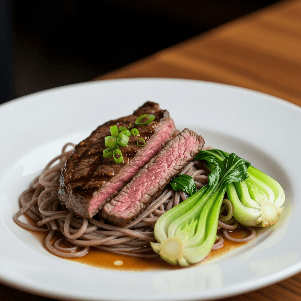 Pan-Seared Inside Skirt Steak with Soba Noodle and Bok Choy Stir-Fry