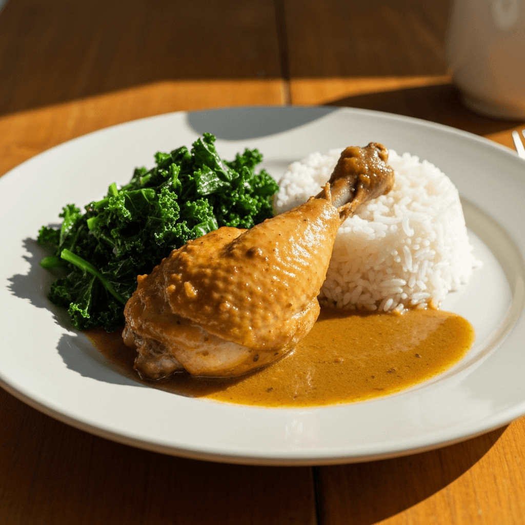 West African Peanut-Braised Chicken with Steamed Jasmine Rice and Wilted Kale