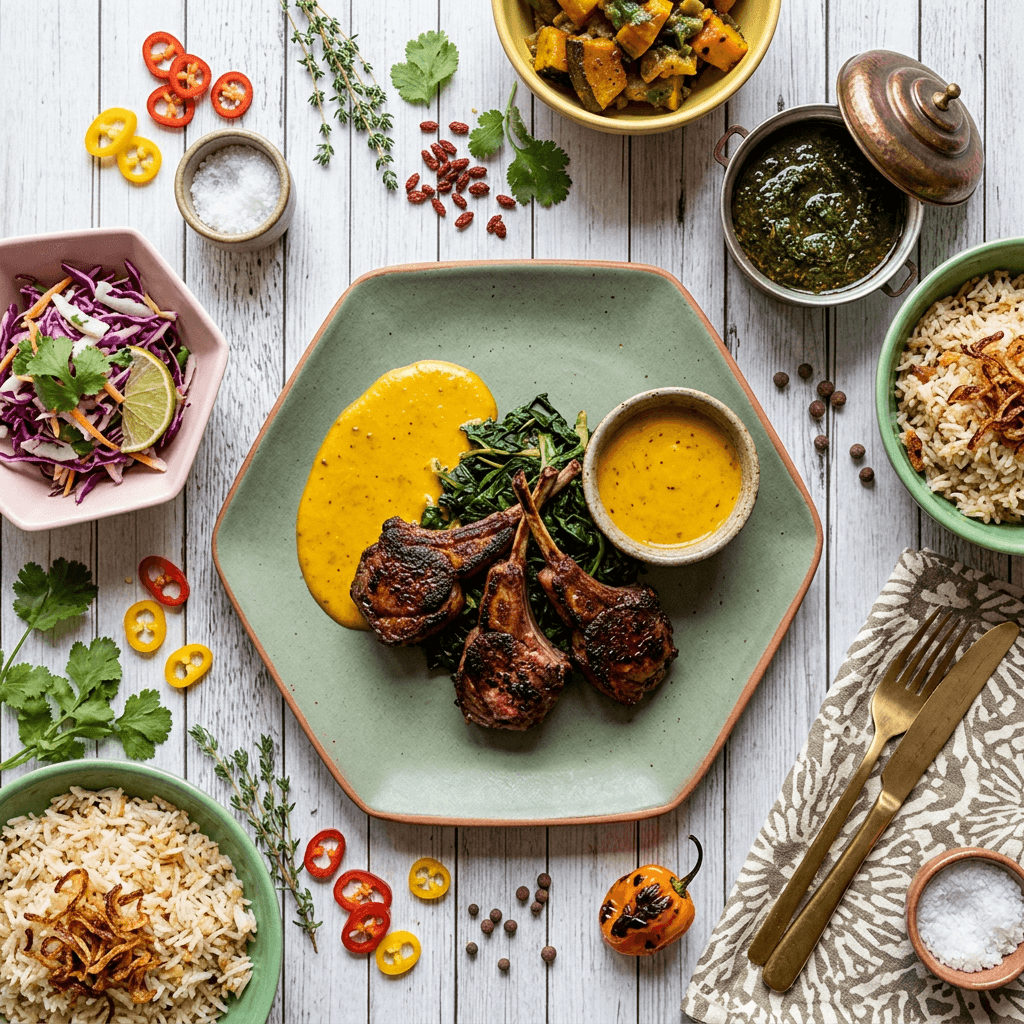 Pan-Seared Goat Chops with Wilted Callaloo and Coconut-Scotch Bonnet Emulsion