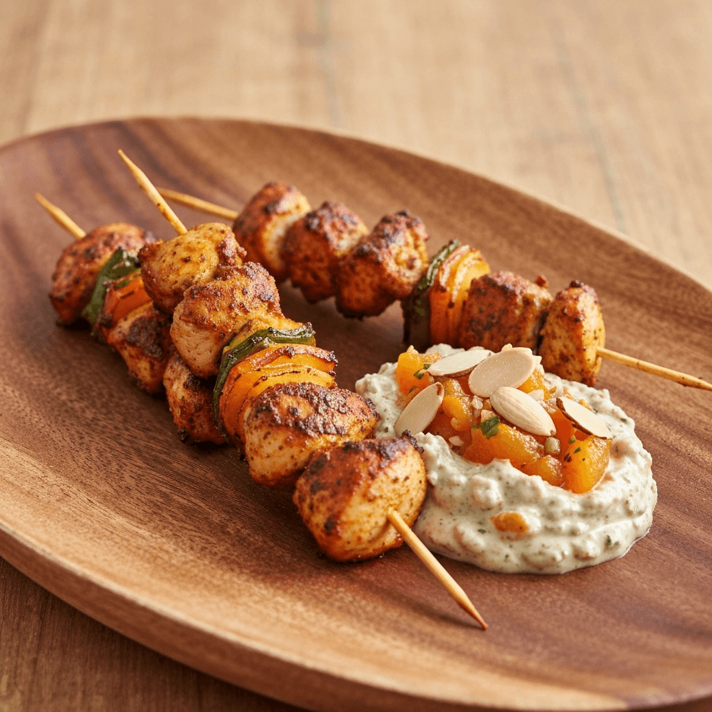 Moroccan Spiced Chicken Skewers with Almond-Apricot Relish