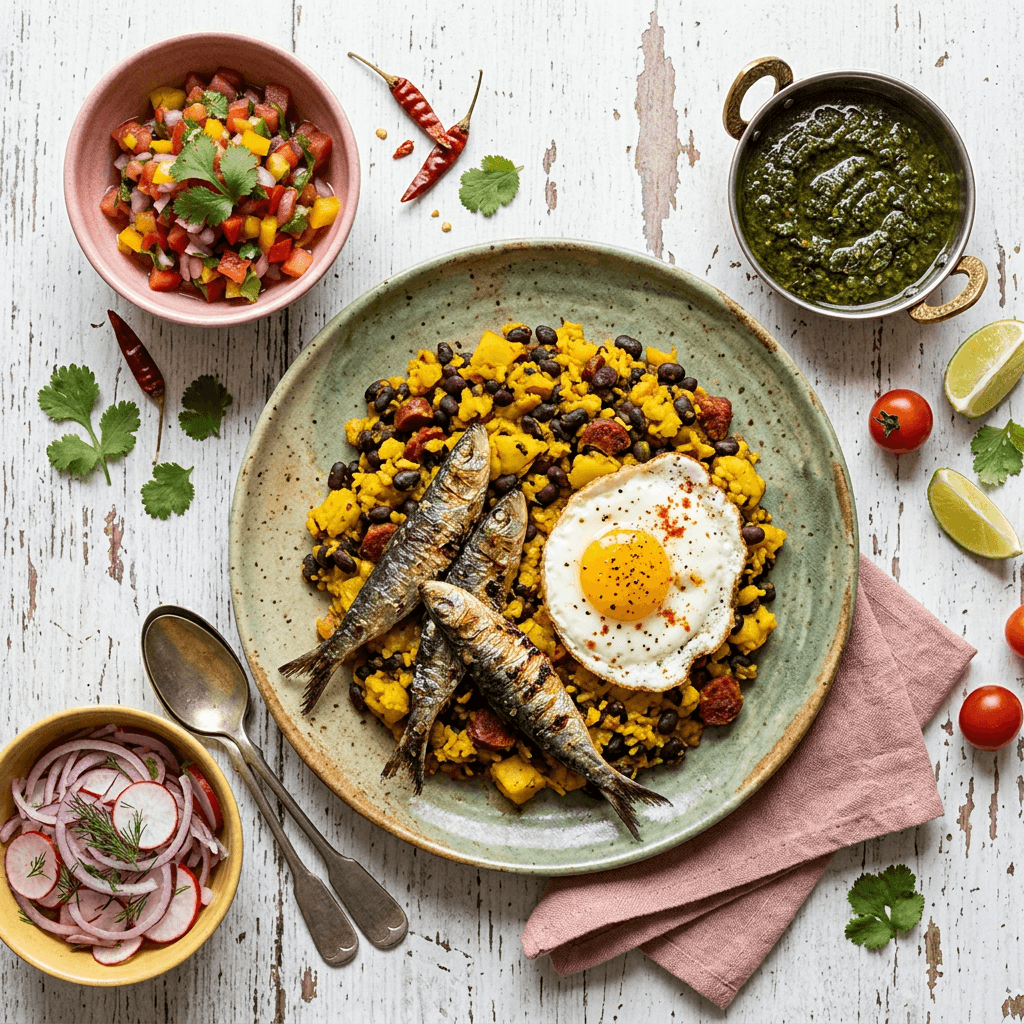 Desayuno de la Costa: Sardines and Saffron-Spiced Black Bean Hash