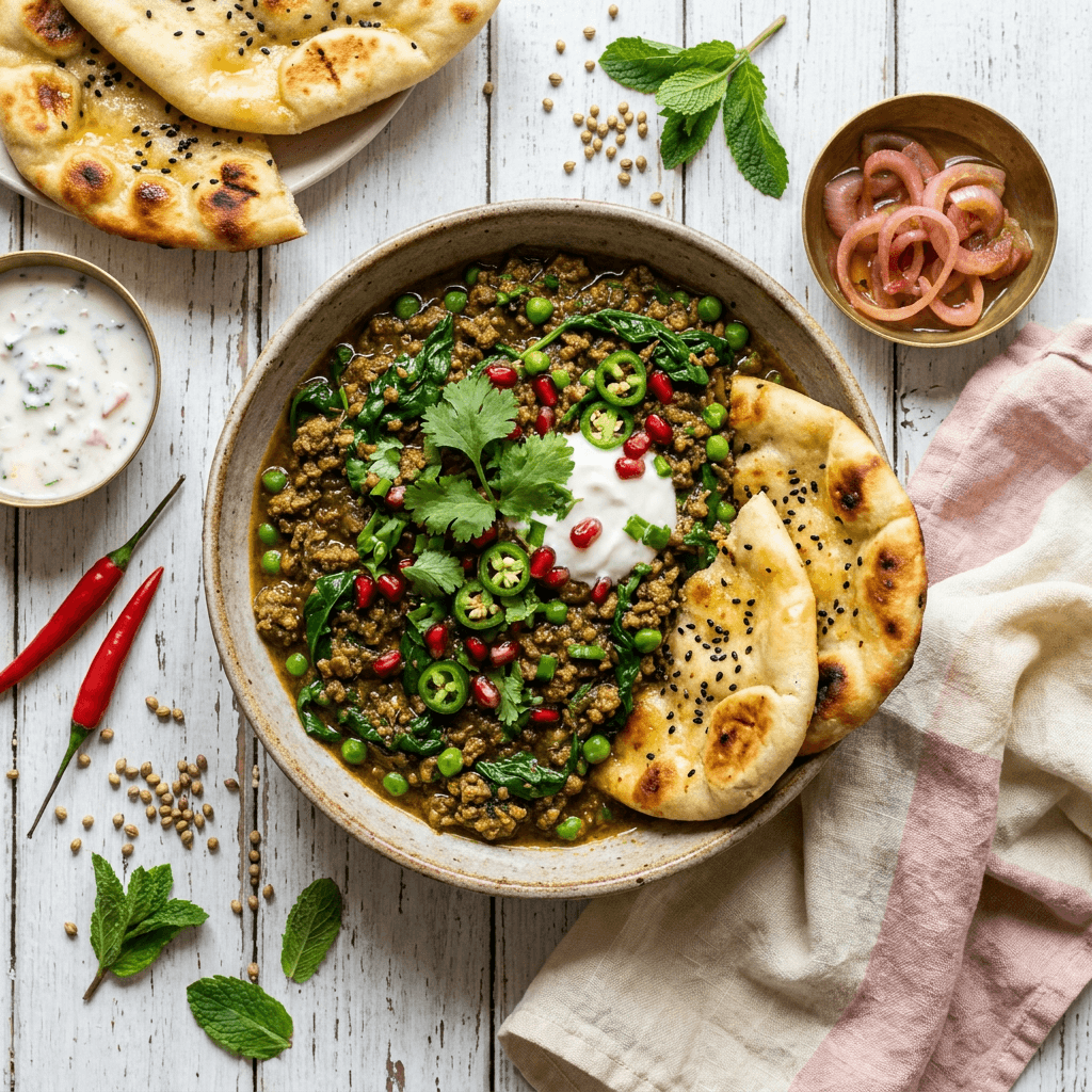 Lamb and Spinach Keema Matar with Toasted Artisan Naan