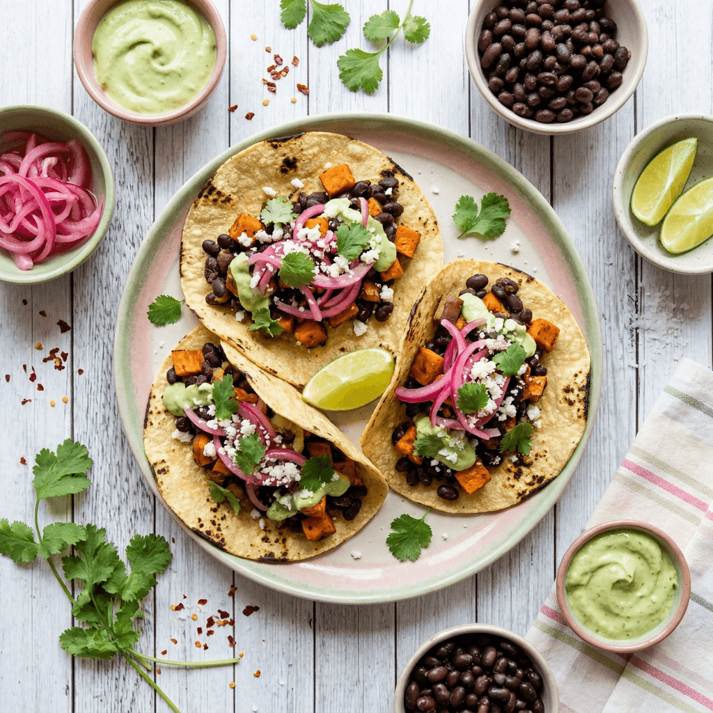 Smoky Black Bean & Sweet Potato Tacos with Pickled Red Onion and Avocado Crema