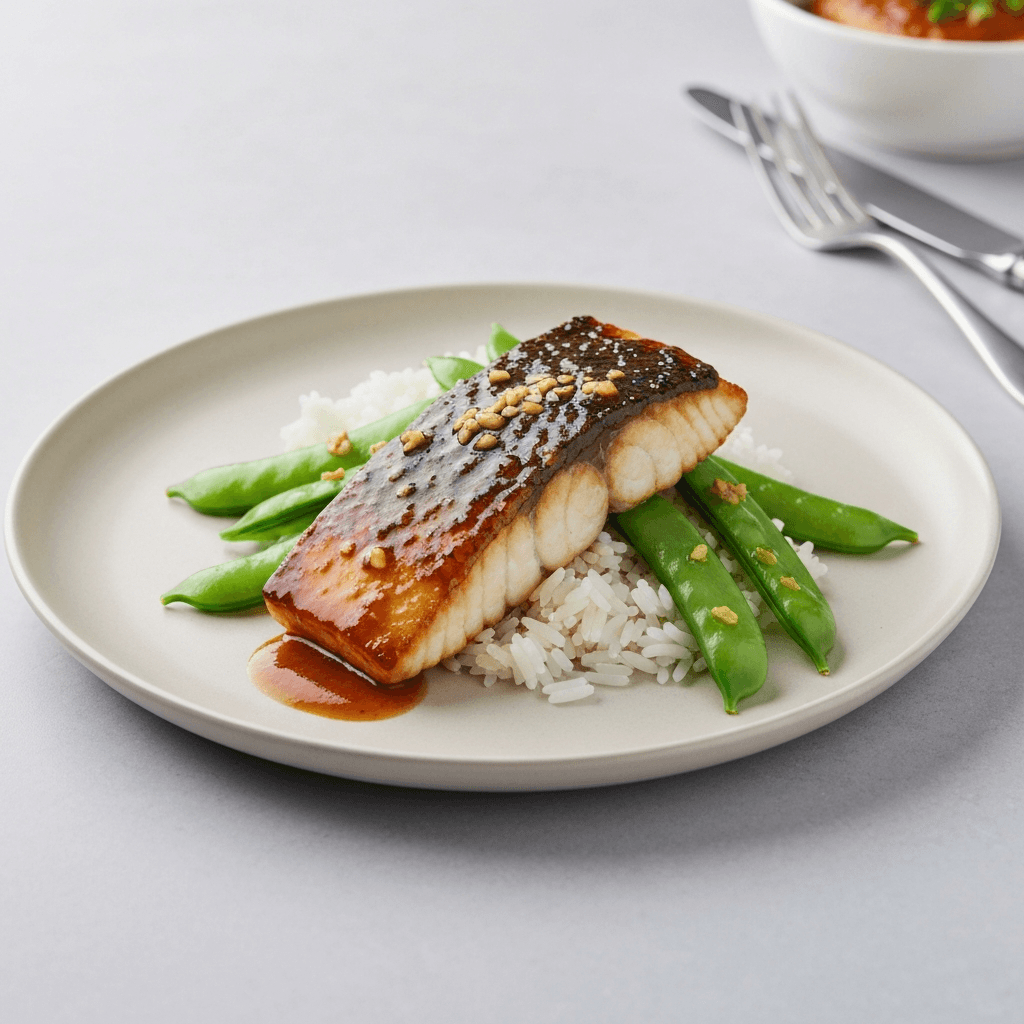 Miso-Glazed European Sea Bass with Jasmine Rice and Garlic-Wilted Snow Peas