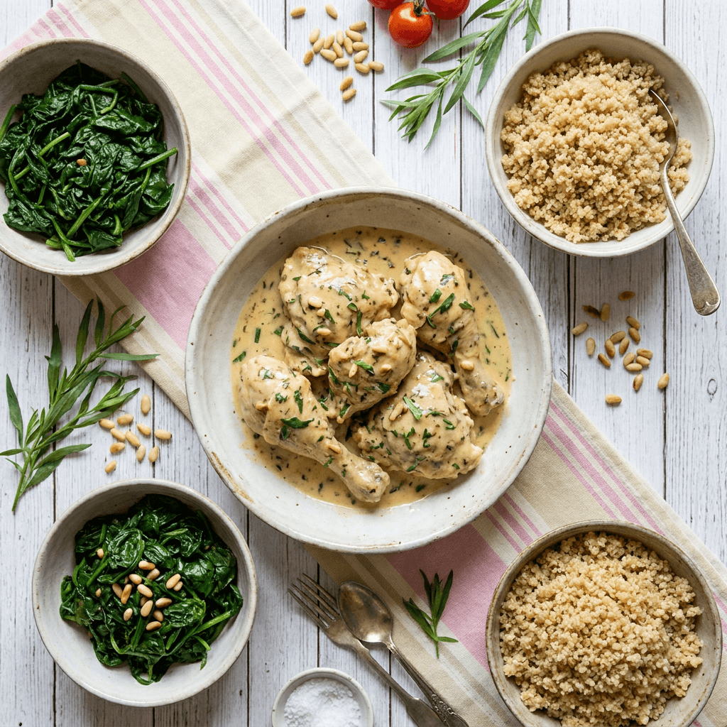 Poulet à l'Estragon (French Tarragon Chicken) with Sautéed Spinach and Quinoa