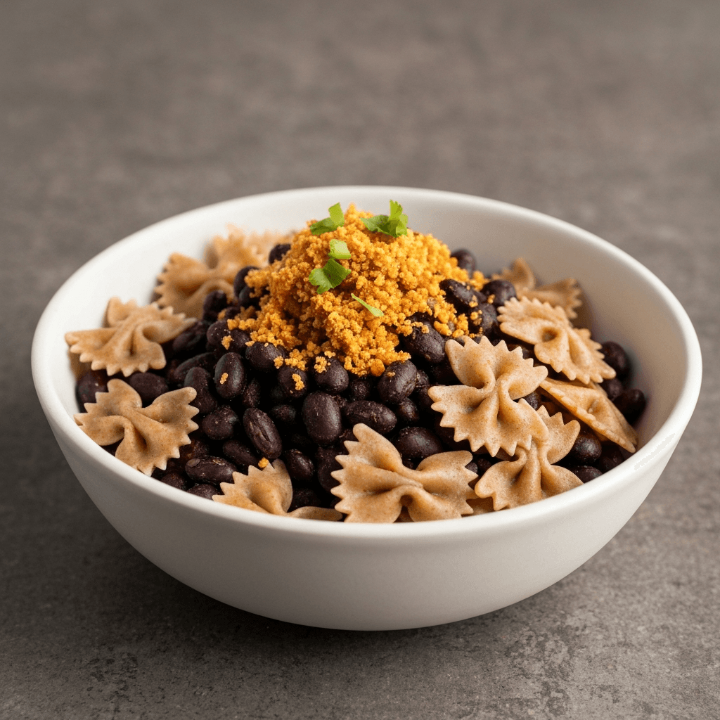 Koshari-Style Spiced Black Bean and Whole Wheat Farfalle Bowl