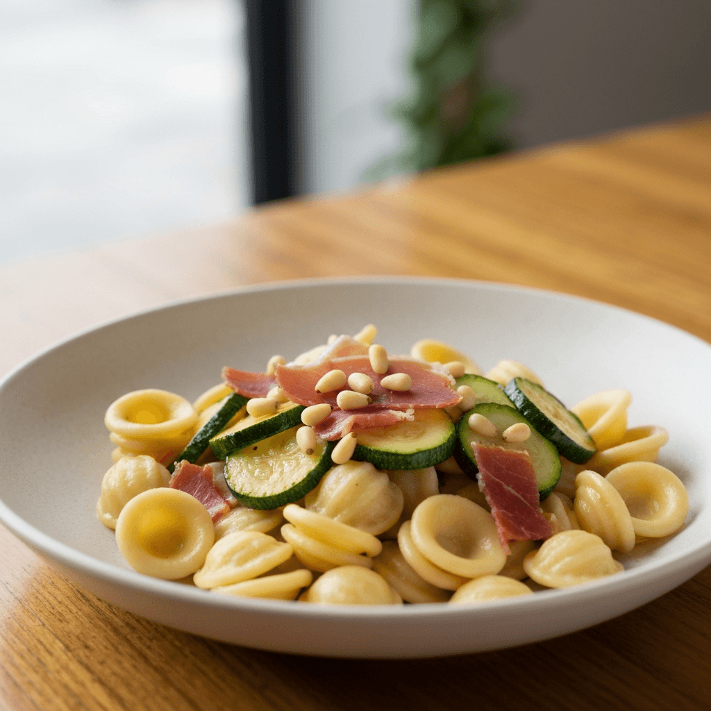 Orecchiette with Sautéed Zucchini, Prosciutto, and Pine Nuts