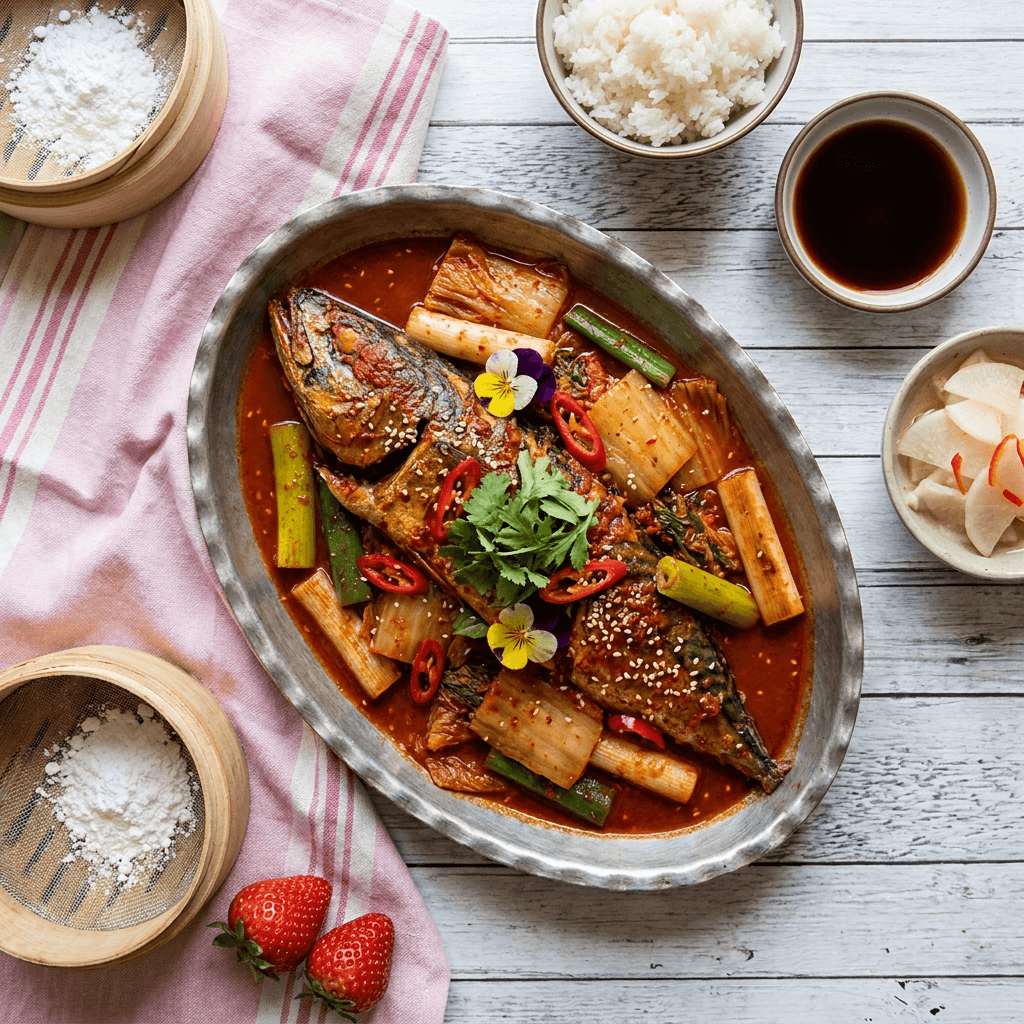 Jeju-Style Braised Mackerel with Spicy Kimchi and Scallions