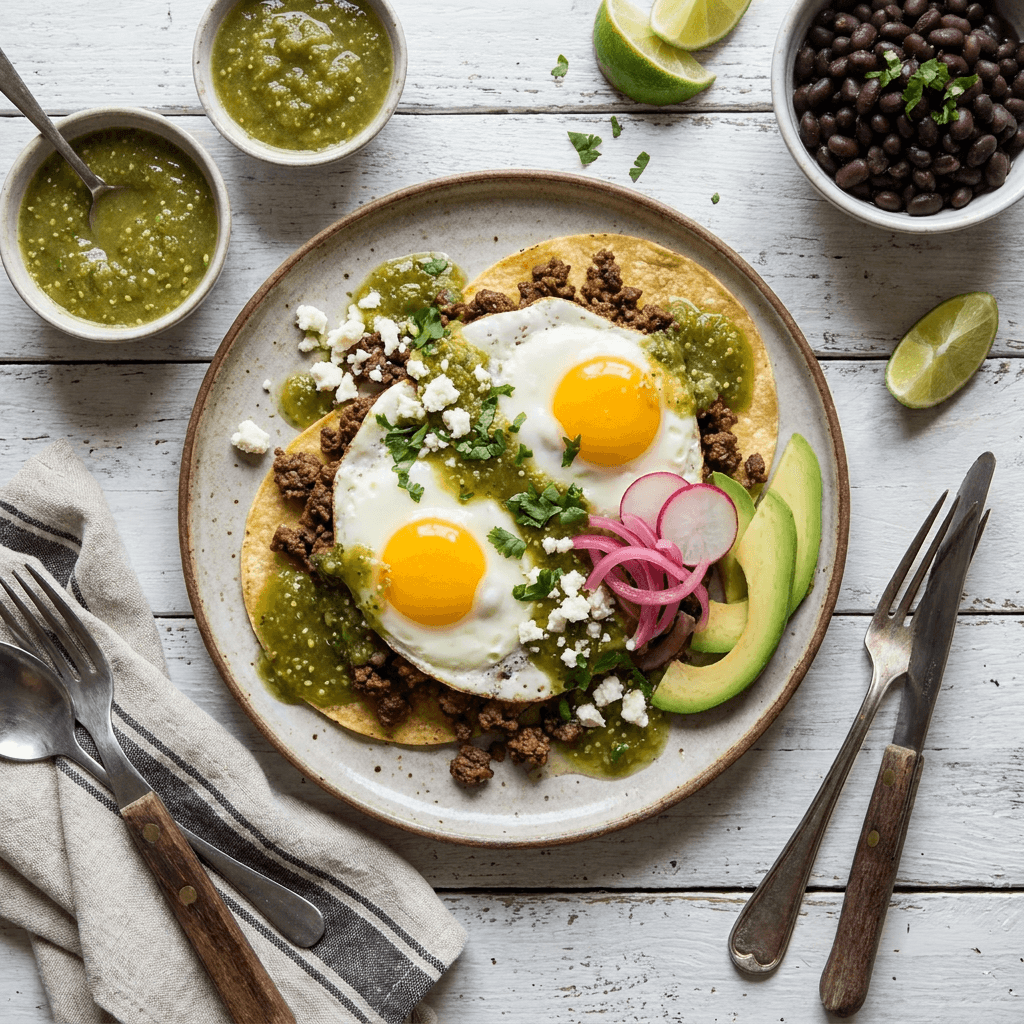 Bison Huevos Rancheros with Tomatillo Salsa and Queso Fresco