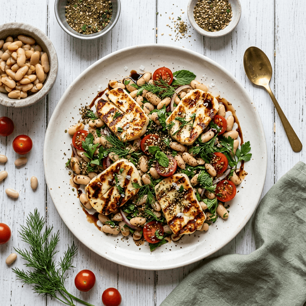 Grilled Halloumi and White Bean Salad with Za'atar and Balsamic Reduction