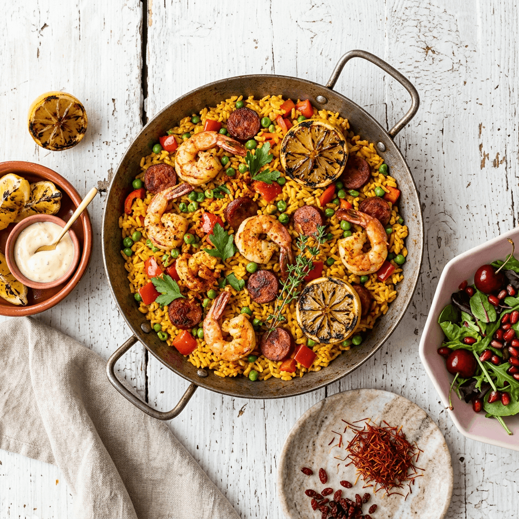 Shrimp and Chorizo Paella with Saffron and Charred Lemon