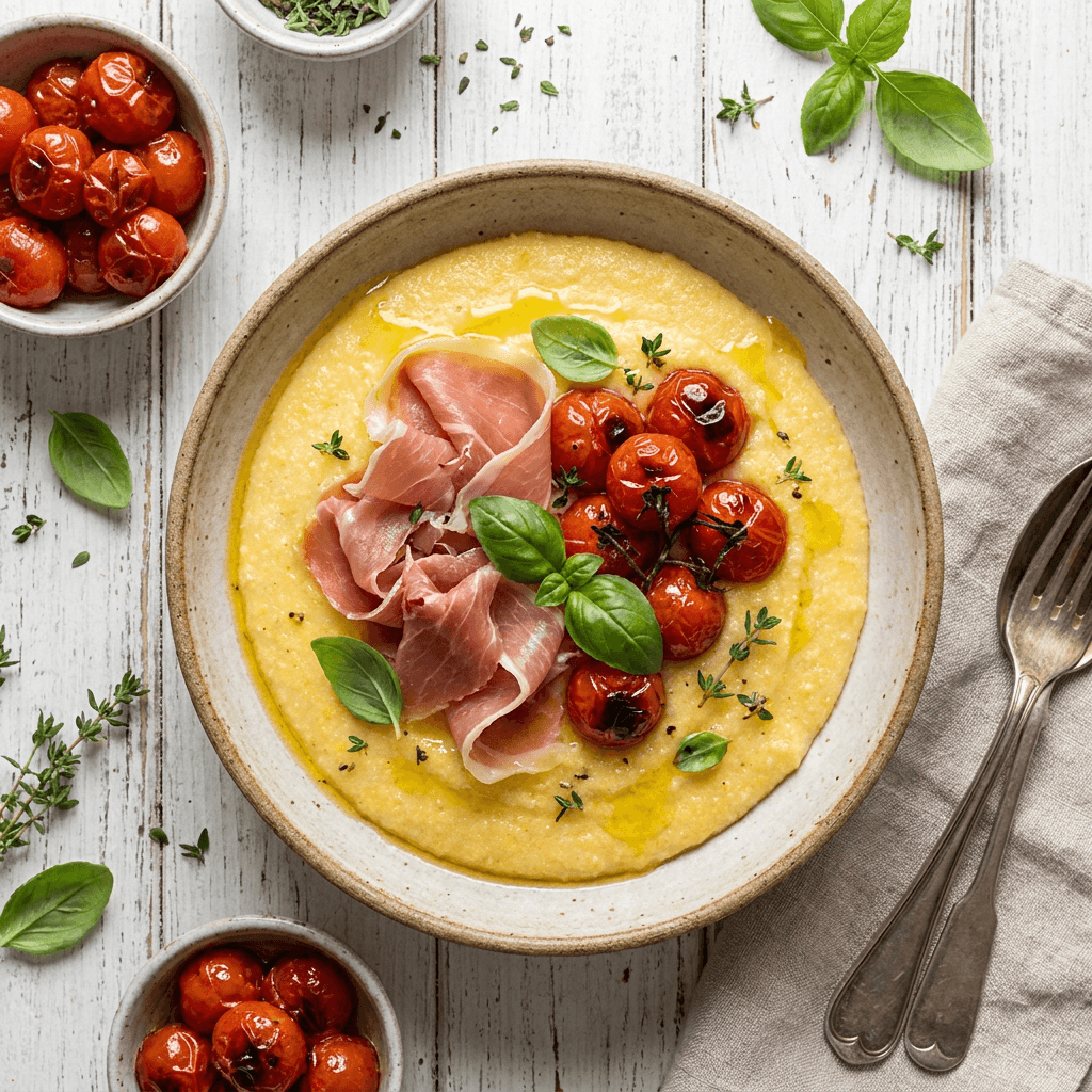 Polenta e Prosciutto con Pomodori Arrostiti