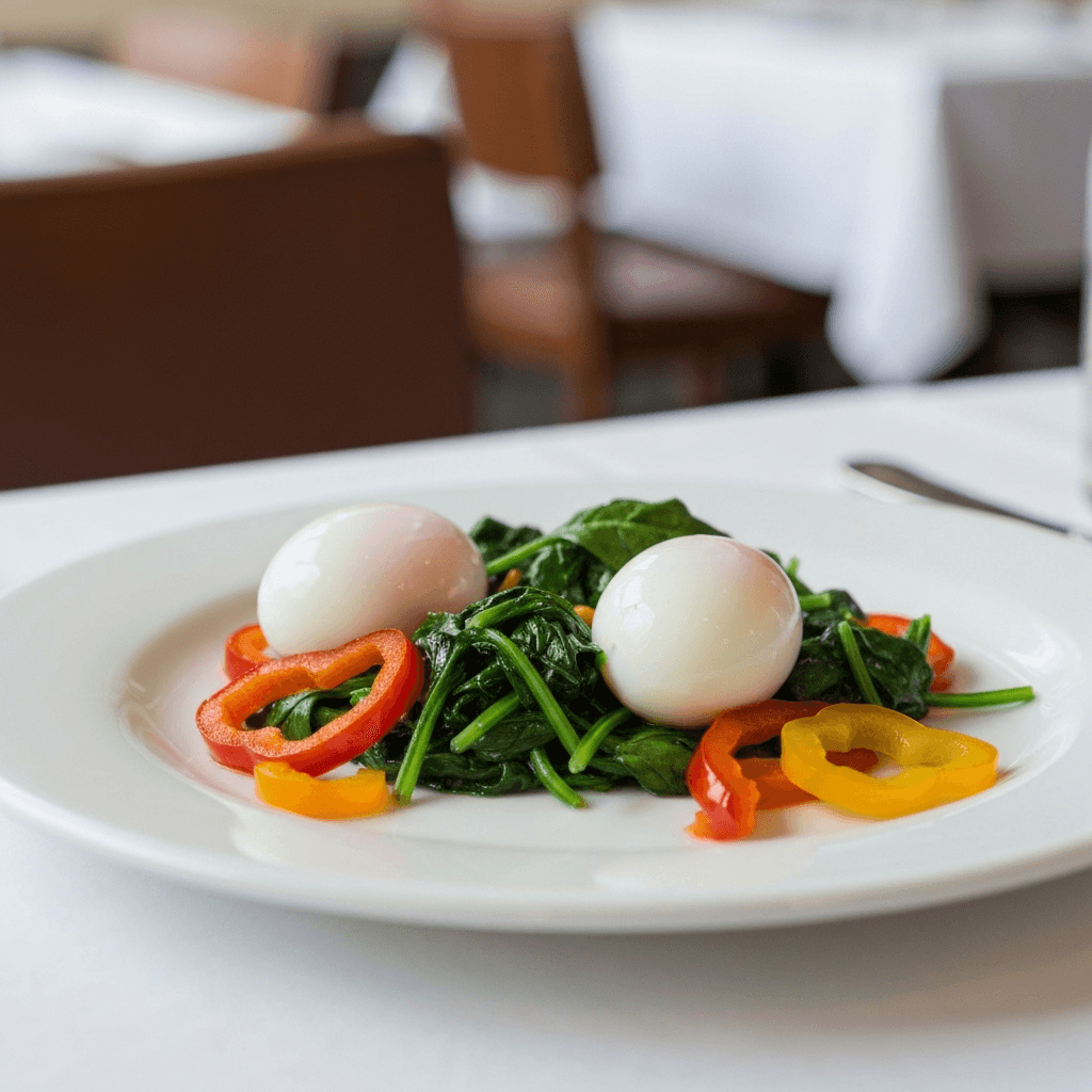 Oeufs au Plat with Wilted Spinach and Sautéed Bell Peppers