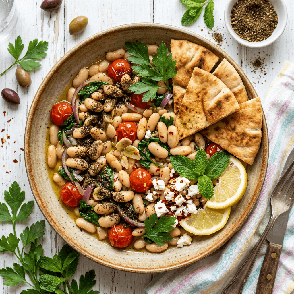 Mediterranean White Bean and Za'atar Sauté with Toasted Pita