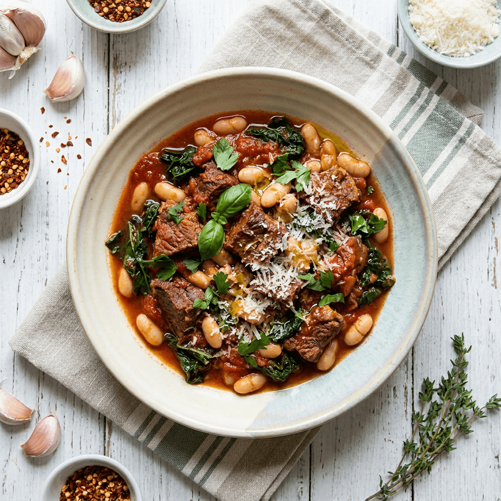 Braised Grass-Fed Beef and White Bean Ragu with Wilted Tuscan Kale